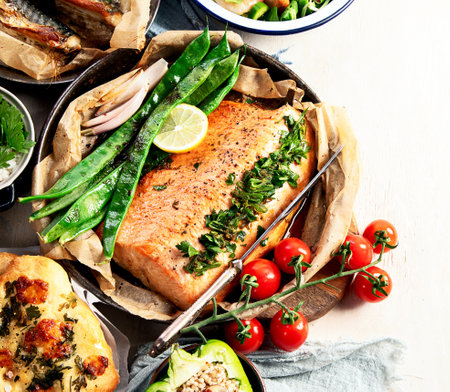 Assorted healthy seafood on plates for dinner or lunch. traditional mediterranean cuisine. Top view, copy space. High in vitamins and antioxidantsの写真素材