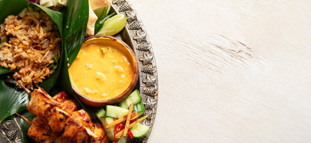 A traditional Indonesian chicken satay, served with steamed rice and sauce on a light background. Top view. Panorama with copy space.の写真素材