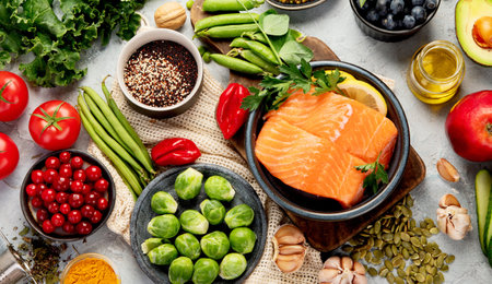 Selection of healthy food on light gray background. Clean eating concept. Top view, flat layの写真素材