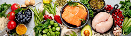 Selection of healthy food on light gray background. Clean eating concept. Top view, flat lay, copy spaceの写真素材