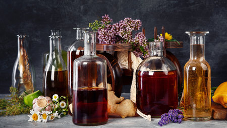 Various glass bottles with alternative medicine made of herbs and flowers on dark background.