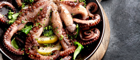 Grilled octopus served with spices and lemon on gray background.の写真素材