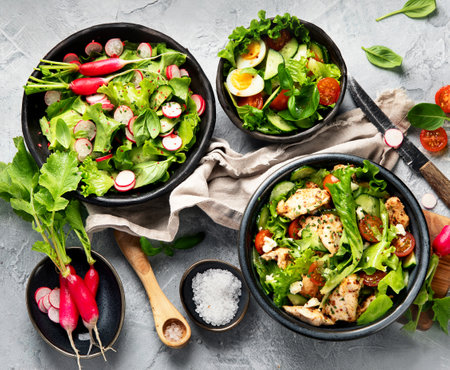 Freshly made salads on gray background. Seasonal food concept. Top view, copy space, flat layの写真素材
