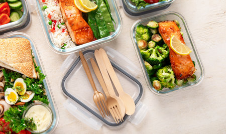 Different delicious healthy meals in containers on white background, top view.の写真素材