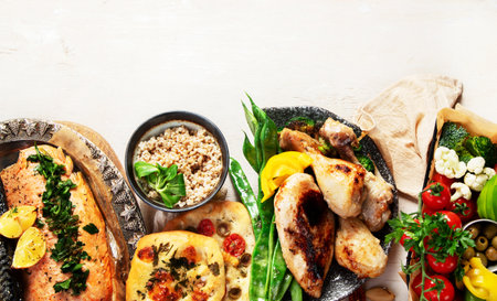 Variety Healthy Food On Table for Lunch or dinner with Vitamins and Antioxidants. Top view, copy spaceの写真素材