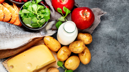 Food high in iodine on dark gray background. Healthy eating concept. Top viewの写真素材