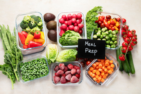 Glass containers with different fresh products such vegetables and fruits on a light background. Top...
