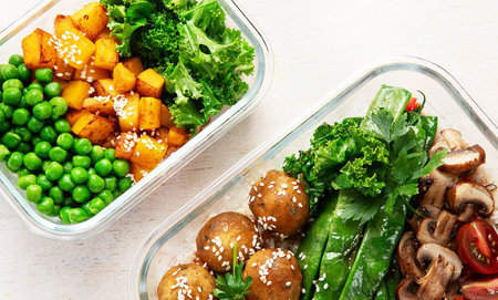 Colorful meal prep containers filled with healthy vegan meal. top view, flat lay, copy spaceの写真素材