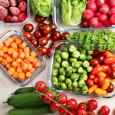Glass containers with different fresh products such vegetables and fruits on a light background. Top view.の写真素材
