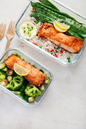 Salmon with rice and vegetables in a glass containers made for meal prep on a light background, top view. Healthy lifestyle. Copy space.の写真素材