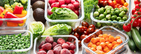 Glass containers with different fresh products such vegetables and fruits on a light background. Top view. Panorama.の写真素材