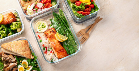 Different delicious healthy meals in containers on white background, top view. Panorama with copy space.の写真素材