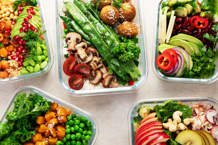 Preparing healthy meals for vegans. Food and snacks in containers on a light background. Top view.の写真素材