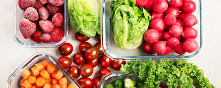 Glass containers with different fresh products such vegetables and fruits on a light background. Top view.の写真素材