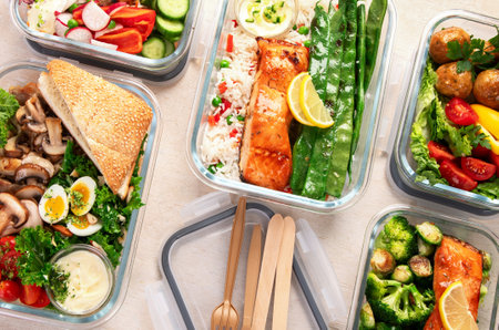 Different delicious healthy meals in containers on white background, top view.の写真素材
