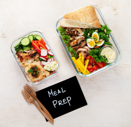 Healthy meal prep containers with chicken and vegetables on light background. Top view. Lunch box.の写真素材