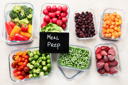 Glass containers with different fresh products such vegetables and fruits on a light background. Top view.の写真素材
