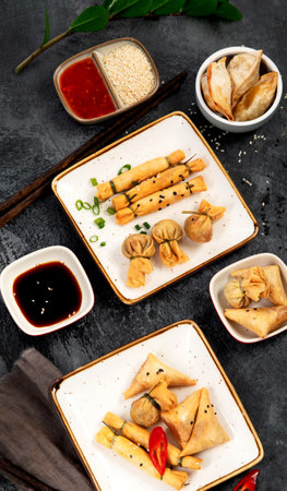Different types of dumpilns on gray background. Traditional asian food cocnept. Top view, flat lay, copy spaceの写真素材