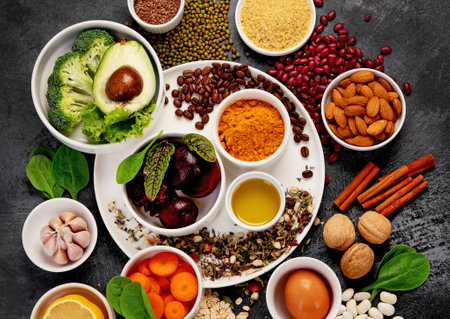 Best products for healthy liver on dark gray background. Clean eating concept. Top view, flat layの写真素材