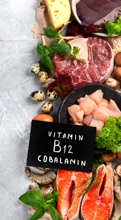 Natural sources of Vitamin B12 (Cobalamin) for sleep normalization; ensuring normal brain function; supporting the respiratory system; alzheimer's pain treatment. Top view, flat layの写真素材