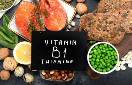 Food high in vitamin B1 on dark background. Healthy diet concept. Top view, flat layの写真素材