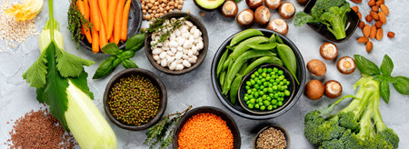 Natural sources of plant protein on light background. Healthy balanced diet concept. Top view, flat layの写真素材