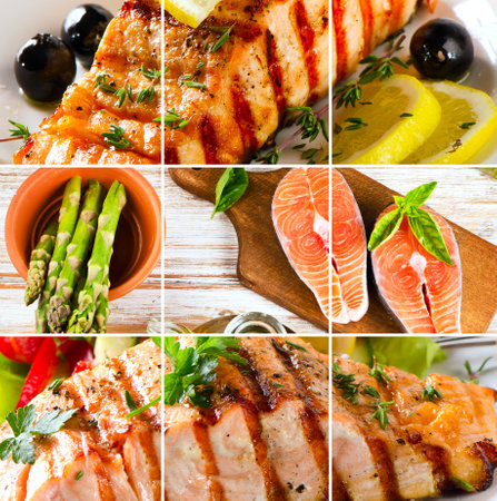 Assorted dishes with salmon. Healthy food concept.の写真素材
