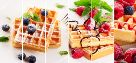 Collage of golden homemade waffles with berries. Dessert food concept.の写真素材