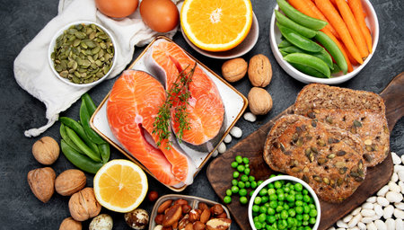 Food high in vitamin B1 on dark background. Healthy diet concept. Top view, flat layの写真素材