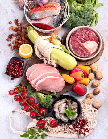 Healthy food on light gray background. Healthy high protein and low carbohydrate products. Top view, flat lay, copy spaceの写真素材