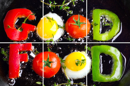 Collage of tasty breakfast. Various products, Homemade food concept.の写真素材