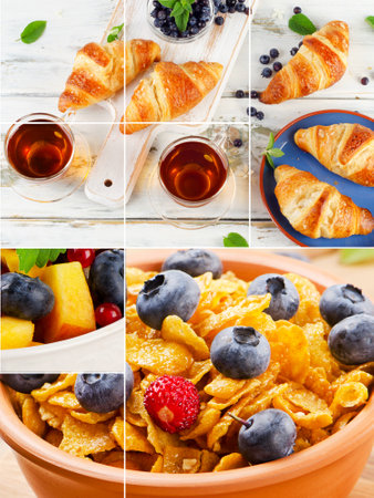 Collage of tasty breakfast. Various products, Homemade food concept.の写真素材