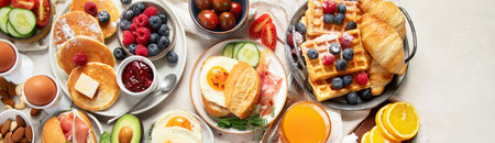 Healthy breakfast set on a light background. The concept of delicious and healthy food. Top view. Panorama with copy space.の写真素材