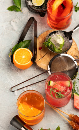Cocktails assortment served on light background. Classic drink menu concept. Top view, flat layの写真素材