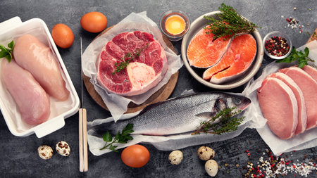 Carnivore diet on dark background. Diet containing animal foods and products. Top view, flat lay, copy spaceの写真素材