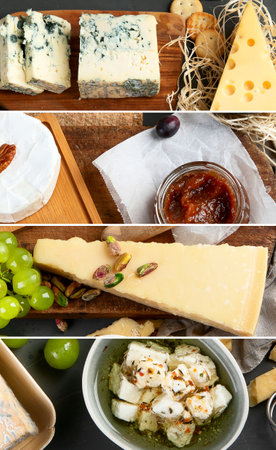 Collage of various types of cheese on gray background. Top view with copy spaceの写真素材