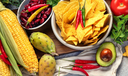 Mexican dishes and snacks assortment on light gray background. Cuisines of the world concept.の写真素材