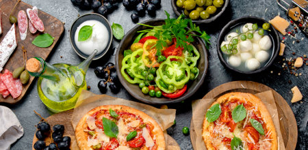 Italian food assortment on dark background. Traditional food concept. Top view, flat lay, copy spaceの写真素材
