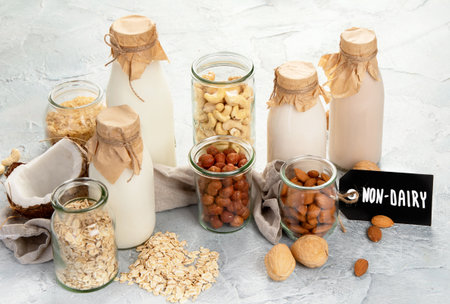 Assortment of non diary plant based milk. Organic vegan food concept. Panorama, copy spaceの写真素材