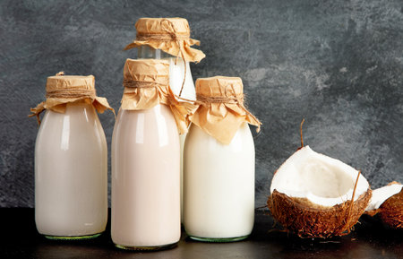 Assortment of non diary plant based milk. Organic vegan food concept. Front viewの写真素材