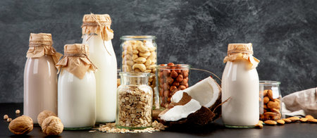 Assortment of non diary plant based milk. Organic vegan food concept. Front view, panoramaの写真素材