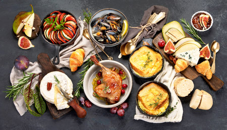French food assortment on dark background. Traditional cuisine concept.の写真素材