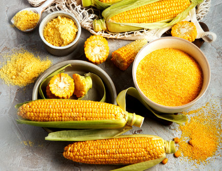Corncobs and corn groats on gray background. Harvest food concept. Top view, flat lay, copy space