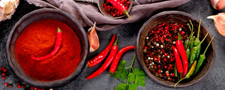 Red chili cayenne pepper and peppercorns on dark background. Traditional spices concept. Top view, flat lay,の写真素材