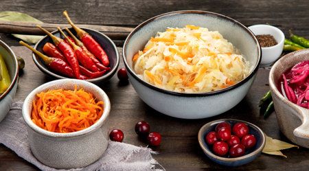 Pickled vegetables on wooden background. Salting vegetables. copy spaceの写真素材