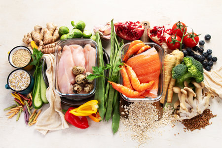 Healthy food products. Vegetables, fish, meat, nuts, seeds, berries on a white background, top view.の写真素材