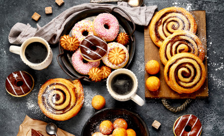 Table with various cookies, donuts, cakes and coffee cups. Top viewの写真素材