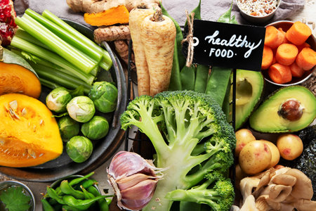 Vegan protein food on a light background. Full set of vegetarian food sources. Healthy eating, diet ingredients. Top view.の写真素材