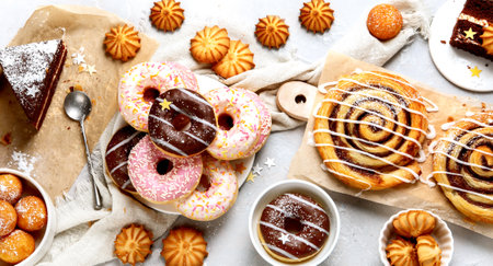 Desserts assortment. Freshly made bakery and treats. Flat lay, top view, panoramaの写真素材