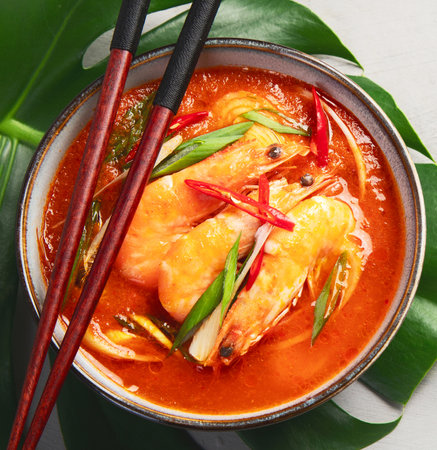 Red curry with chicken in bowl on light gray background. Traditional Asian food. Top view, flat lay, copy spaceの写真素材